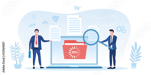 Information transaction between two businessmen showing a file uploading or downloading at 50 percent on a laptop screen and one man holding a magnifying glass, vector illustration