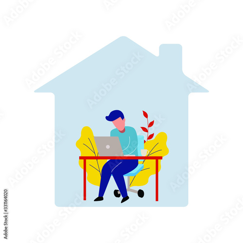 Man working at home to avoid corona virus spread. Flat design vector
