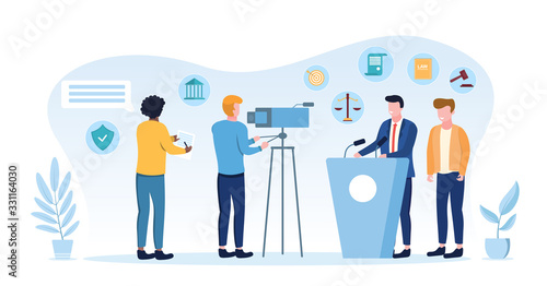 Law and governance concept with journalist or videographer filming a law maker or politician speaking on a podium, vector illustration