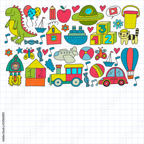 Kindergarten preschool school children. Kids drawing style vector pattern. Play grow learn together.