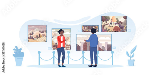 Young black couple viewing exhibits in a museum standing in front of paintings on a wall in a panorama banner, Vector illustration
