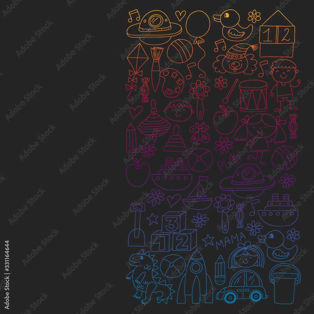 Fototapeta premium Kindergarten preschool school children. Kids drawing style vector pattern. Play grow learn together.