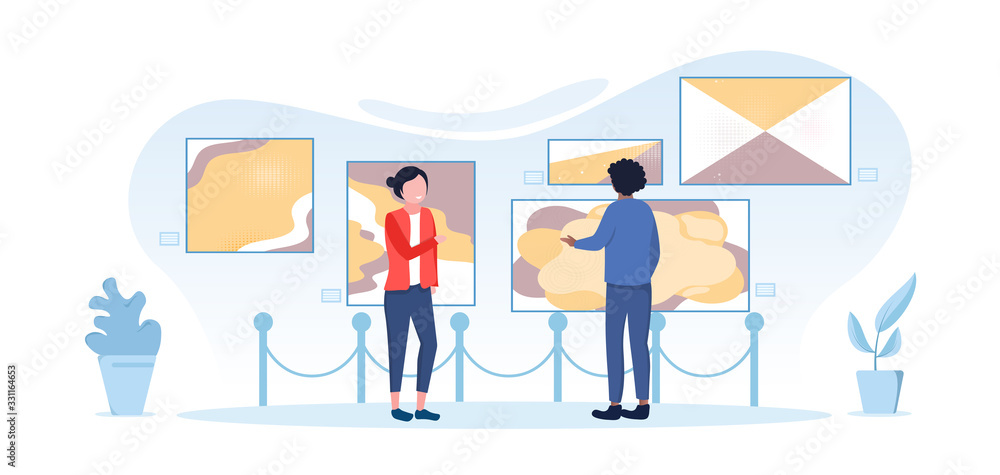 Panorama banner of visitors in a museum with a man and women looking at the exhibits, colored vector illustration