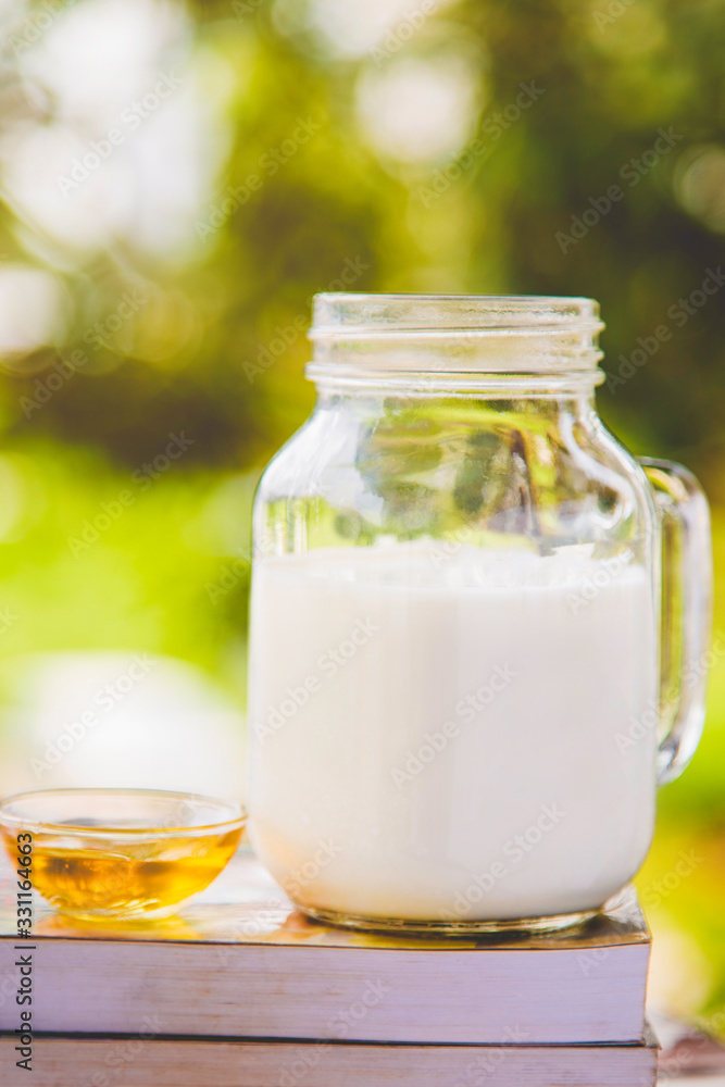 Close up shot of bottle of milk and a cup of honey on books with nature background. Close up shot of bottle of milk and a cup of honey on books with nature background.
