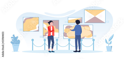 Panorama banner of visitors in a museum with a man and women looking at the exhibits, colored vector illustration