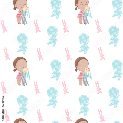 Seamless pattern of the girl in the tutu skirt  hugs her stitched rabbit toy