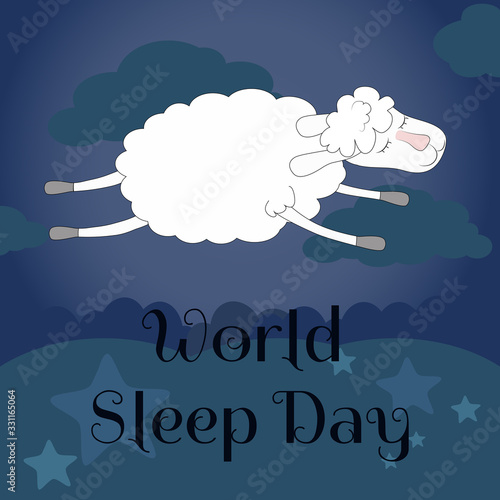 White sheep jumping in the sky in the clouds with a pacified look. The concept of a good healthy and proper sleep and a good night's rest for World Sleep Day.
