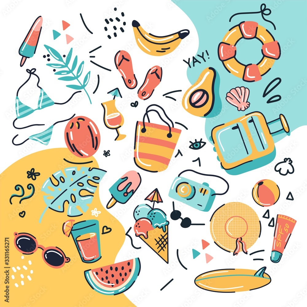 Summer vibes pattern elements tropical fruits, seashells, exotic flowers, palm leaves, sunglasses, bikini. Vector illustration for card, textile print, paper, flyer, sticker. Hello summer collection.