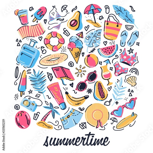 Summer vibes pattern elements tropical fruits, seashells, exotic flowers, palm leaves, sunglasses, bikini. Vector illustration for card, textile print, paper, flyer, sticker. Hello summer collection.