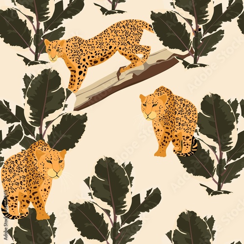 Seamless tropical safari pattern background with leopard and ficus tree plant isolated on beige background. Perfect for wallpapers, web page backgrounds, surface textures.