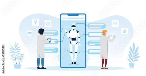 Two scientists developing a digital robot hooked to a computer in cool blue tones in a futuristic technology concept, vector illustration