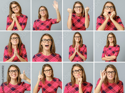 Set of beautiful girl with different facial expressions photo