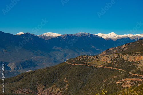 Panoramic view of Parnassos mountain View from Delphi village in Greece.