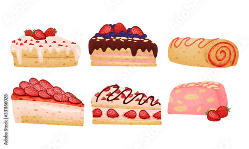 Delicious Cakes and Desserts with Berry and Chocolate Toppings Vector Set