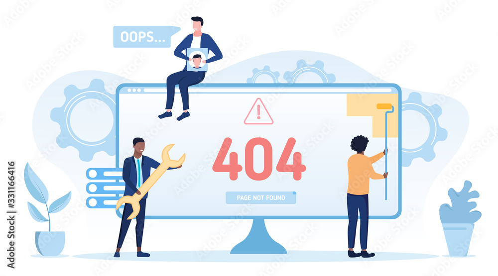 Computer technicians repairing a 404 Not Found online error concept with a businessman holding a spanner and one trying to paint over the screen, vector illustration