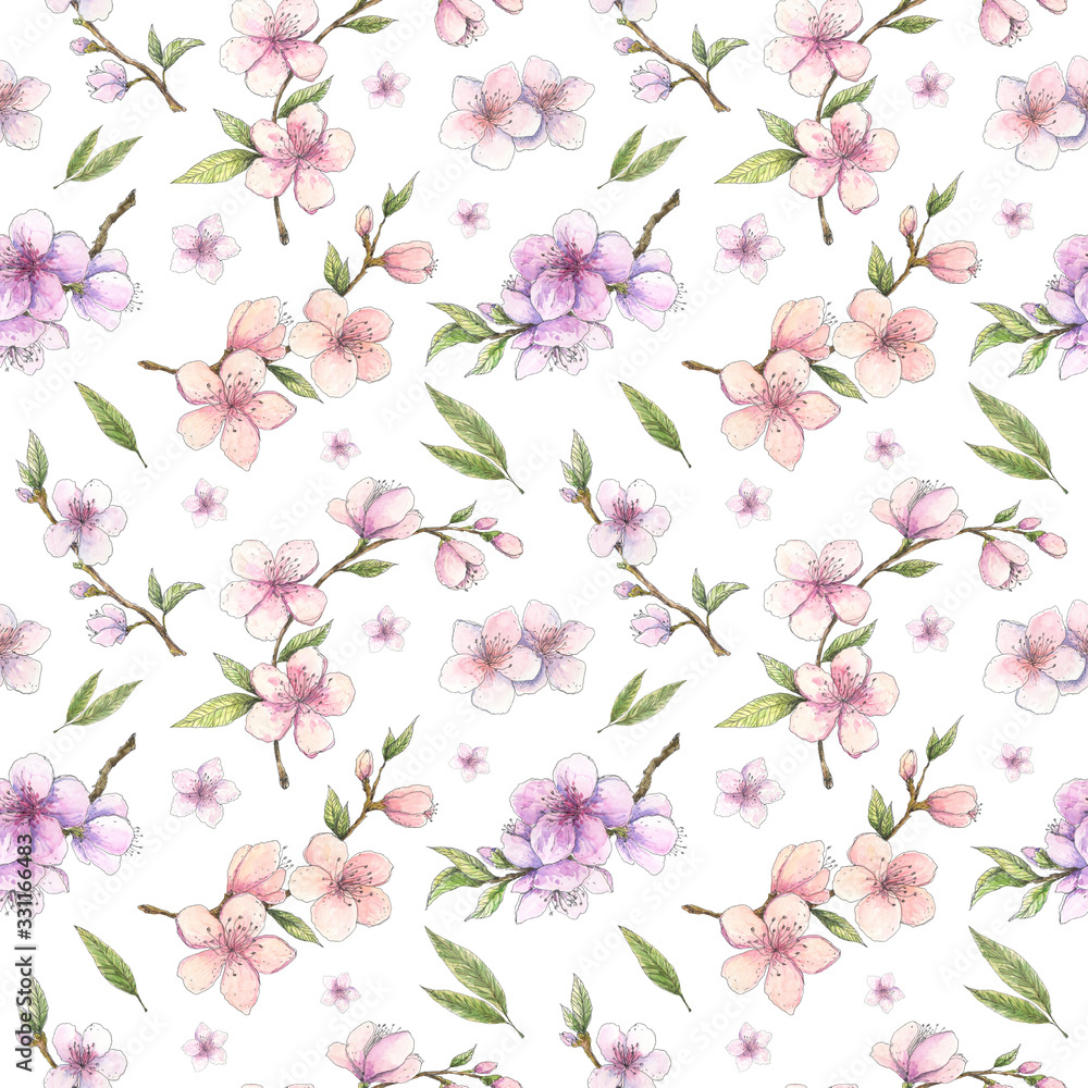 Pink-stained, pastel-colored floral background for wallpaper, gift wrapping paper, textile design. Spring cherry, sakura, almond, apple, peach tree blossom watercolor botanical seamless pattern. 