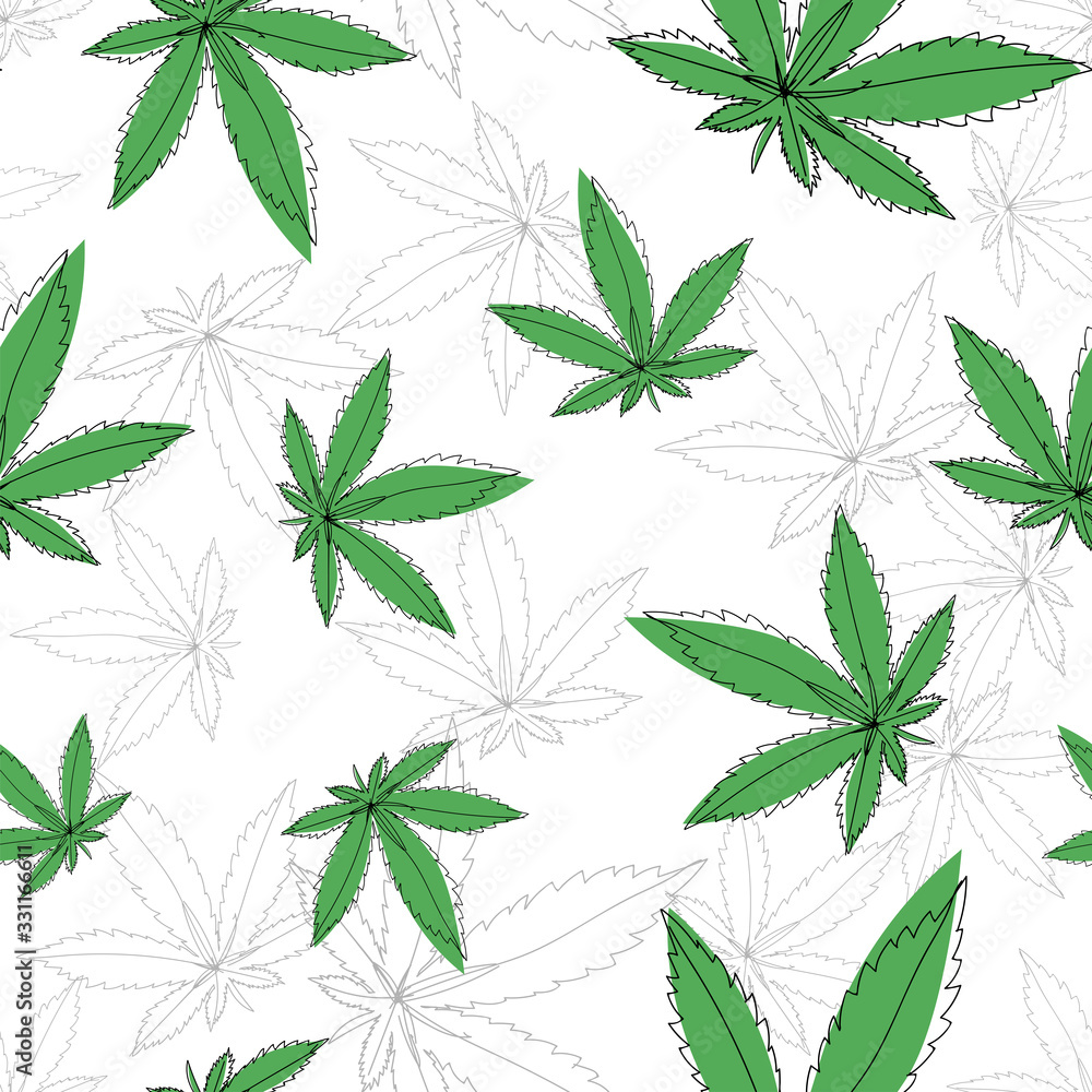 Seamless pattern with marijuana leaf. Hand drawn design element cannabis. Vintage green vector engraving illustration for label, poster, web. Isolated on color background.