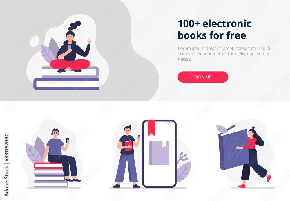 Set of banners on e-books theme. People study online, read and listen books on their devices. Vector illustration in flat style can be used by apps, landing pages, stores, schools or e-commerce. Set of banners on e-books theme. People study online, read and listen books on their devices. Vector illustration in flat style can be used by apps, landing pages, stores, schools or e-commerce.