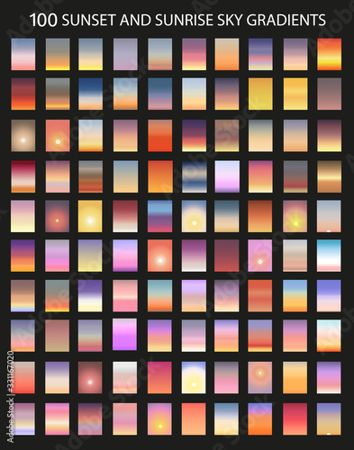 Sunset and sunrise gradient bundle. Sky backgrounds for nature landscapes. Vector poster or minimal card templates set. Great for web design or as phone wallpapers. Illustration.