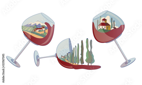 Wine Glasses with Red Liquid on the Bottom and Vineyard Landscape Inside Vector Set