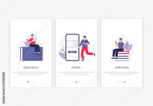 Set of e-books concepts. People study online, read and listen books on their devices. Vector illustration in flat style can be used by libraries, book fairs, stores, schools and e-commerce.