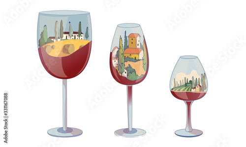Wine Glasses with Red Liquid on the Bottom and Vineyard Landscape Inside Vector Set