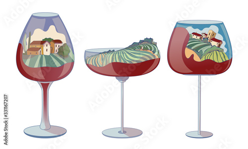 Wine Glasses with Red Liquid on the Bottom and Vineyard Landscape Inside Vector Set