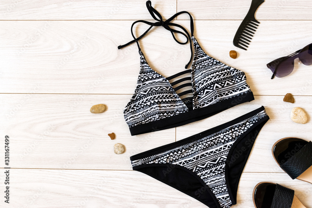 summer flat lay with swimsuit and place for text summer flat lay with swimsuit and place for text