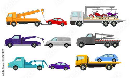 Tow Truck or Breakdown Truck Working Side View Vector Set