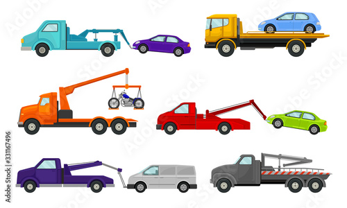 Tow Truck or Breakdown Truck Working Side View Vector Set