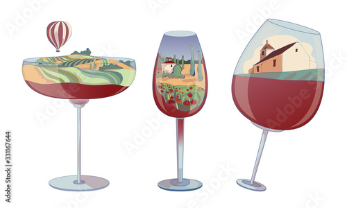 Wine Glasses with Red Liquid on the Bottom and Vineyard Landscape Inside Vector Set
