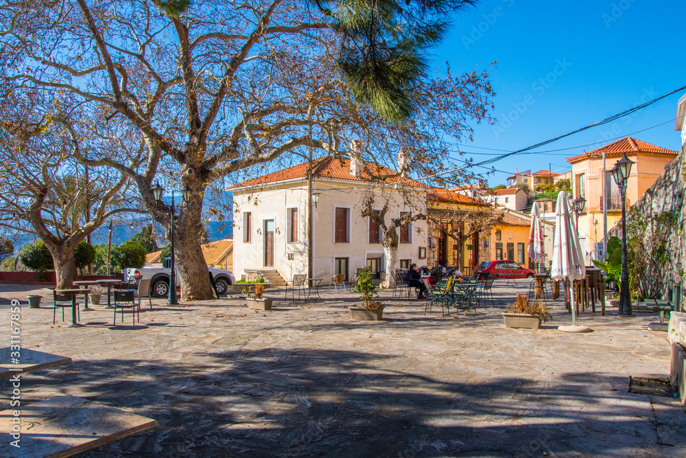 Central square of Chryso village near Delphi in Phocis, Greece
