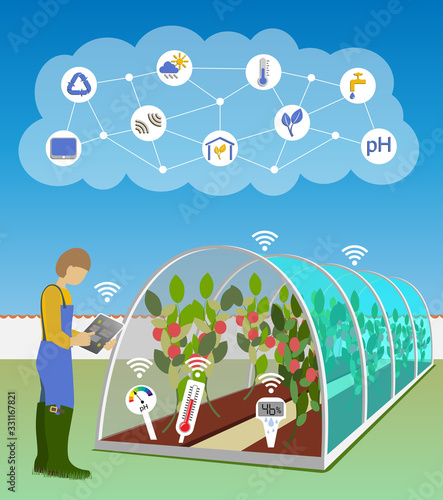  5G and Internet of Things concept. Modern technology enables efficient and sustainable agriculture. Smart ph- hygro- and thermometers enables optimized plant conditions. 