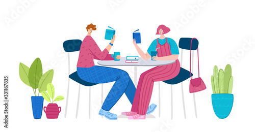 Girl and man reading books sitting in cafe or in kitcen, students read and study, literature fans or lovers concept, modern flat cartoon textured people character isolated on white vector illustration