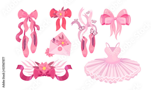 Pink Accessories for Ballet with Ballet Skirt and Ballet Shoes Vector Set