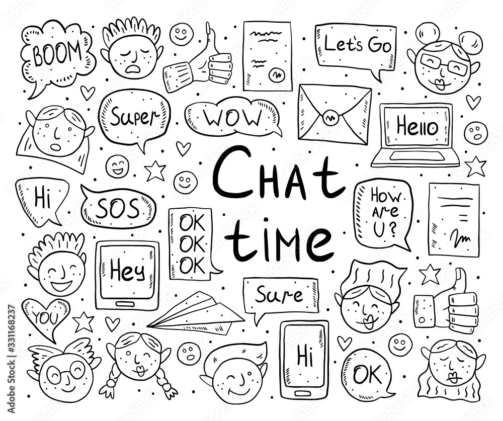 Chat time cartoon, doodle, vector clip art, set of elements, stickers, icons. Speech buble, message, emoji, letter, gadget. Black monochrome design. Isolated on white background. Easy to change color.