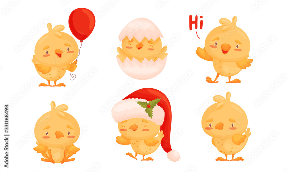 Cartoon Chicken Character Wearing Santa Hat and Greeting Vector Set