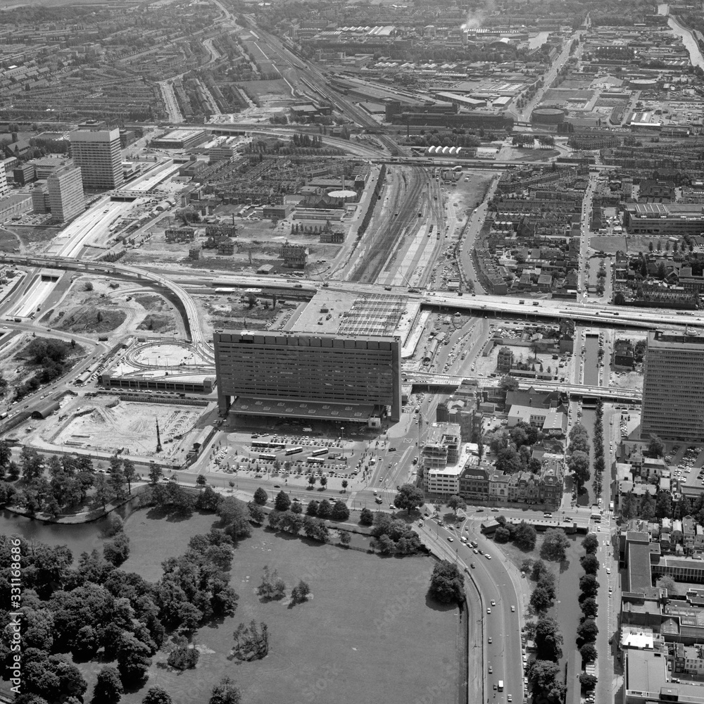 The Hague, Holland, June 20 - 1975: Historical black and white aerial photo of the new built Central Station in The Hague, Holland
