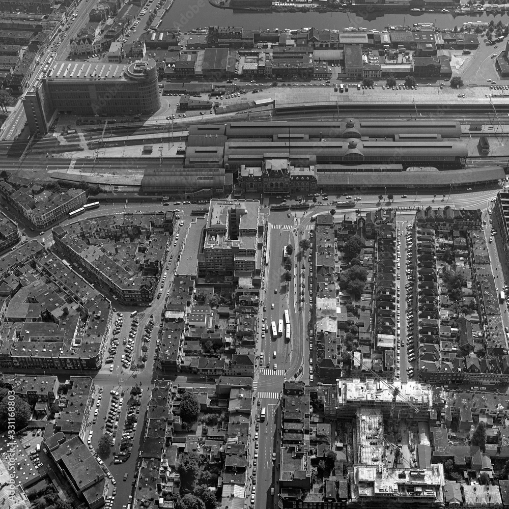 The Hague, Holland, August 29 - 1977: Historical aerial photo  in black and white of the Hollands Spoor, the old railway station