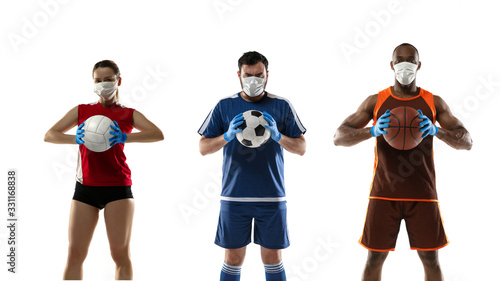 Beat the disease. Sportsmen in protective masks, gloves. Prevention of pneumonia respiratory symptoms. Basketball, football, volleyball. Chinese coronavirus. Healthcare, medicine sport concept