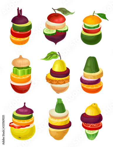 Sliced Fruits and Vegetables Arranged in Pile Vector Set
