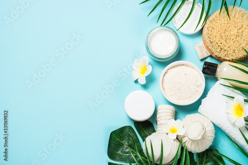 Spa treatment Flat lay background on blue.
