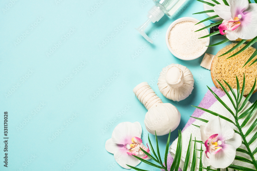 Spa treatment Flat lay background on blue. Spa treatment Flat lay background on blue.