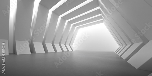Abstract of concrete interior with the light cast shadow on the wall ,Geometric structure,Perspective of brutalism architecture,Museum space design. 3d rendering. 