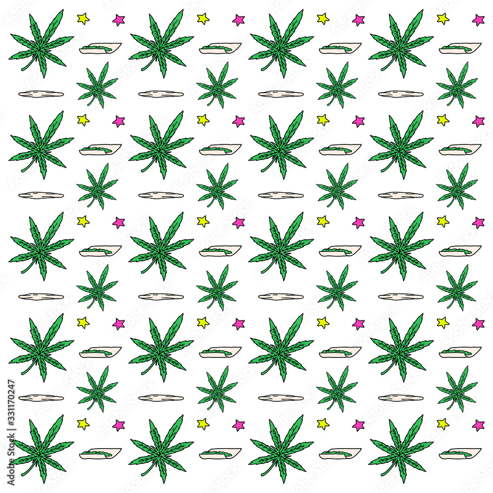 Seamless pattern with cannabis leaves. Doodle style vector illustration. Great for backgrounds, fabrics, wrapping paper, etc. Seamless pattern with cannabis leaves. Doodle style vector illustration. Great for backgrounds, fabrics, wrapping paper, etc.