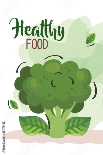 Plakat vegan food poster with broccoli and leafs vector illustration design
