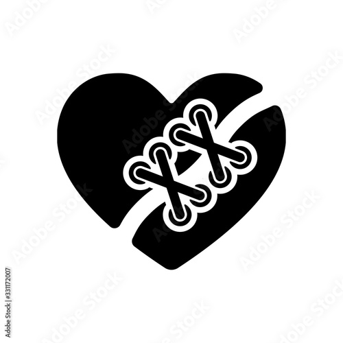 Broken and patched heart. Black icon on white background