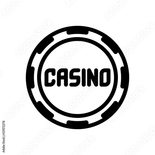 Casino or poker chip with text of casino. Black icon on white background