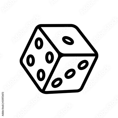 Dice cube, casino game, outline design. Black icon on white background
