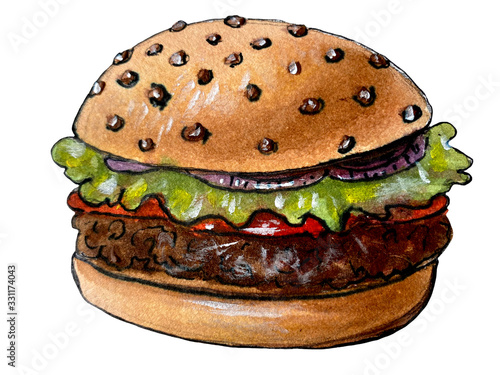 Tasty big burger design watercolor hand drawn. Food illustration